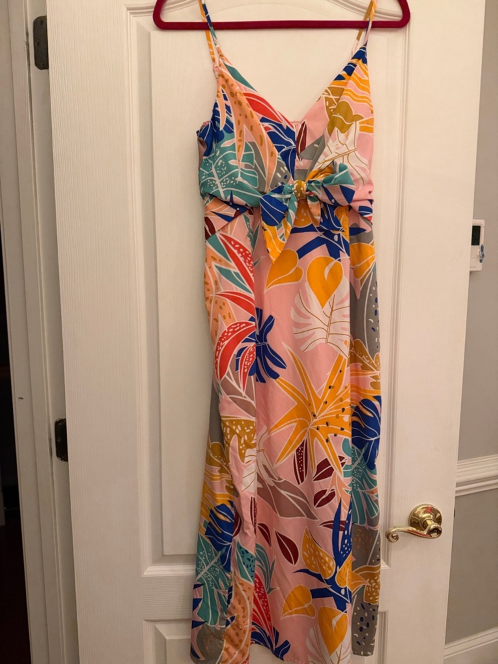 entro Pink Tropical Print Midi Dress with Multi-Color Leaves